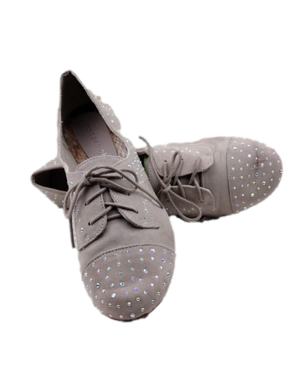 Madden Girl Julissa Taupe Faux Suede Iridescent Rhinestone Lace Up Flat Loafer